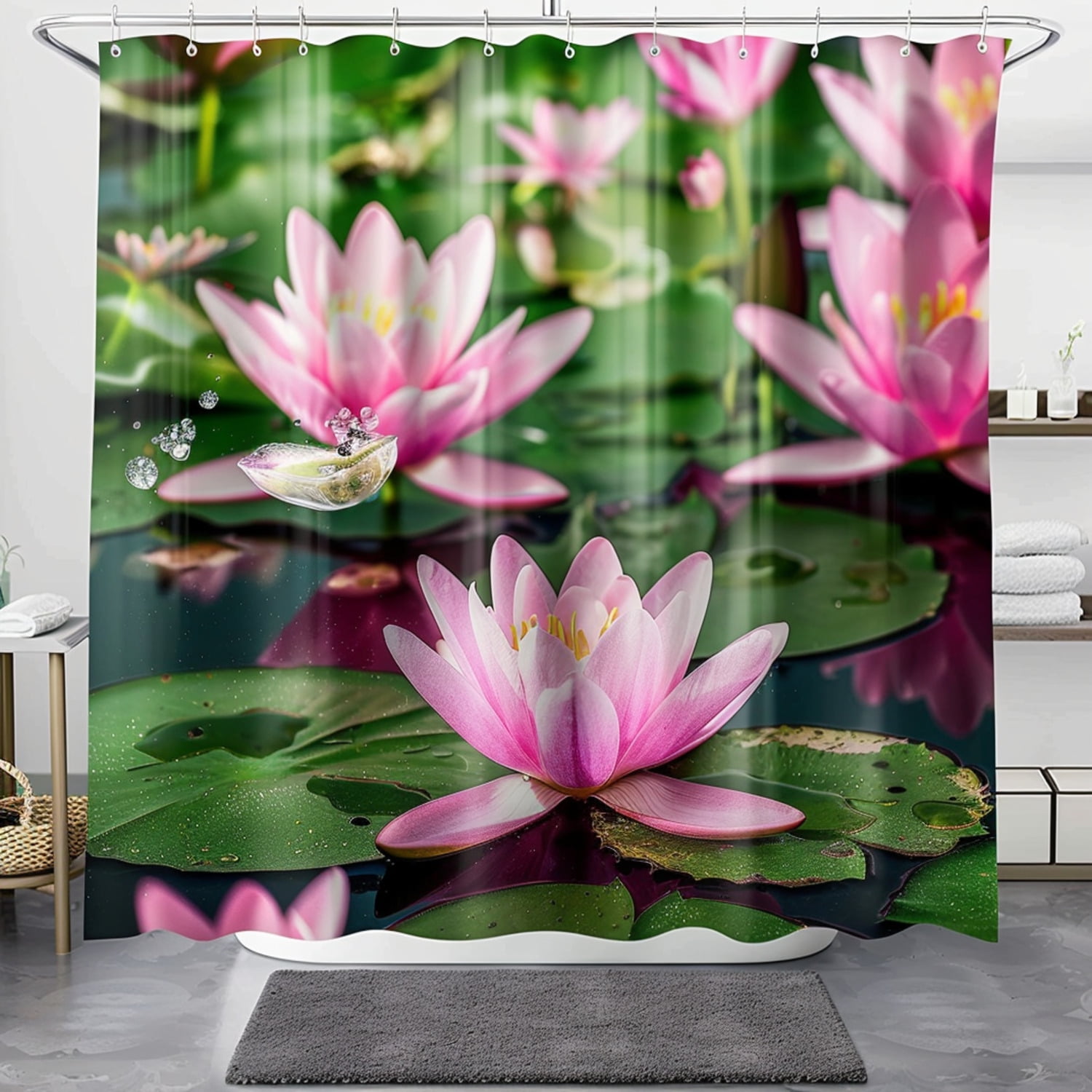 Serene Oasis Pink and Green Water Lily Shower Curtain with Lotus