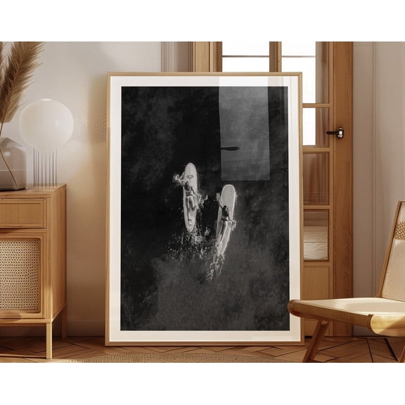 Serene Ocean Moment, Aerial Black And White Surfing Photograph, Surfers' Dance With The Sea, Wall Art, Modern Wall Decor, 12x18 UNFRAMED