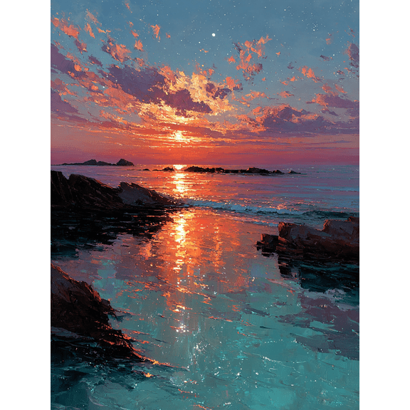 Serene Ocean Sunset Canvas Art, Golden Sky Coastal Horizon Painting, Relaxing Home Wall Decor