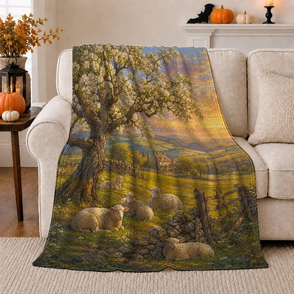 Serene Pastoral Landscape Sheep Beneath, Cozy Friendship Quote Scene, Warm Flannel Blanket for Ranch House and Living Room, Art Lovers Friendship Gift, Artistic Home Decor