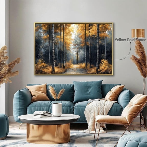 Serene Pathway In Forest Luxury Poster Autumn Trees Wall Art Golden Leaves Poster Nature Decor Ready To Hang, Stretched Canvas Size 12x18