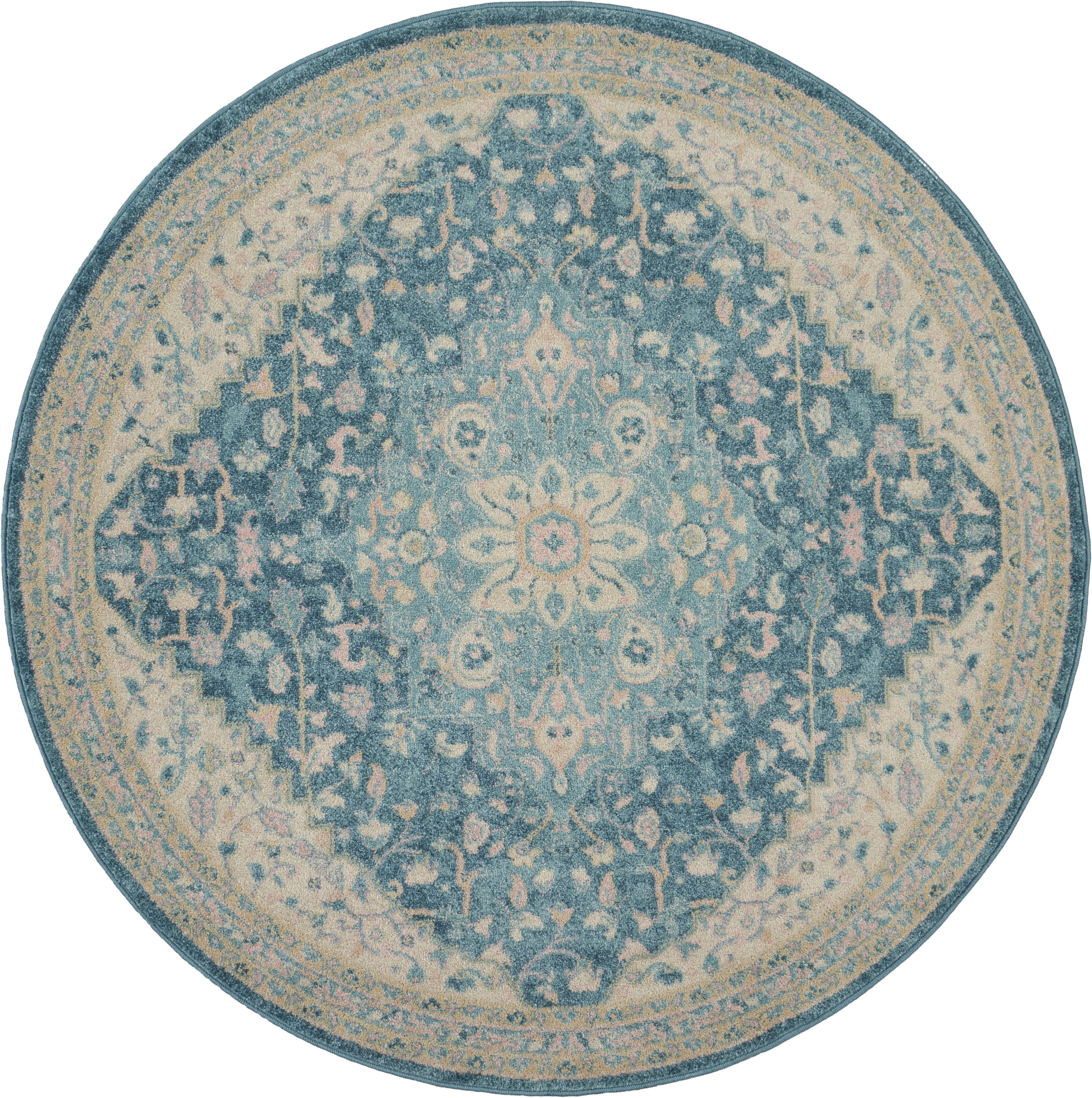 Serene Persian Medallion Ivory/Turquoise 5'3" x ROUND Area Rug, (5' Round)