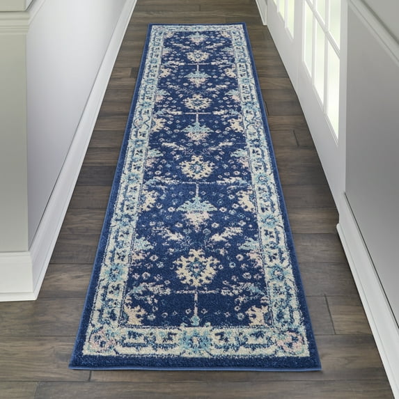 Serene Persian Traditional Navy/Ivory 2'3" x 7'3" Area Rug, (2' x 7')