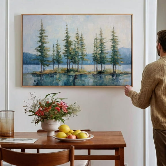 Serene Pine Forest Lake Art - Tranquil Landscape Wall Decor With Evergreen Trees, Perfect For Rustic Or Nature-Inspired Spaces Wall Art, Modern Wall Decor, 16x24 UNFRAMED