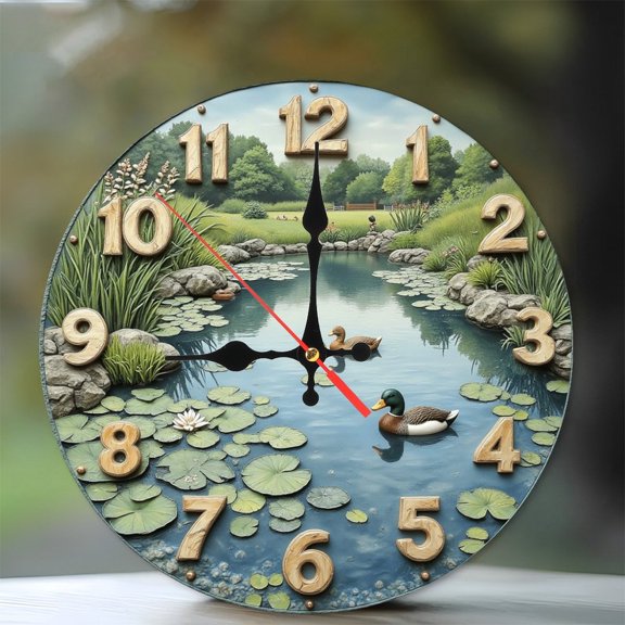 Serene Pond Landscape Wall Clock with Ducks 10-Inch Silent Wooden Wall Clock, Battery Operated (AA Batteries Not Included), Artistic Home Decor