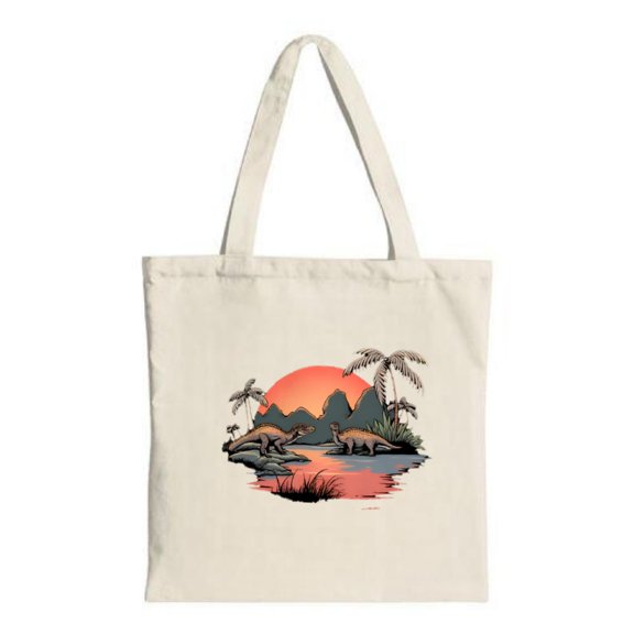 Serene Prehistoric Landscape Tote Bag - Canvas Multifunctional Reusable Shopping Bag with Dinosaurs Perfect for Travel & Parties