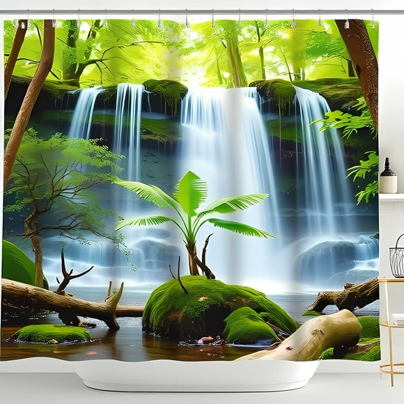 Serene Rainforest Shower Curtain with Cascading Waterfall - Green Jungle Decor for Tranquil Bathrooms