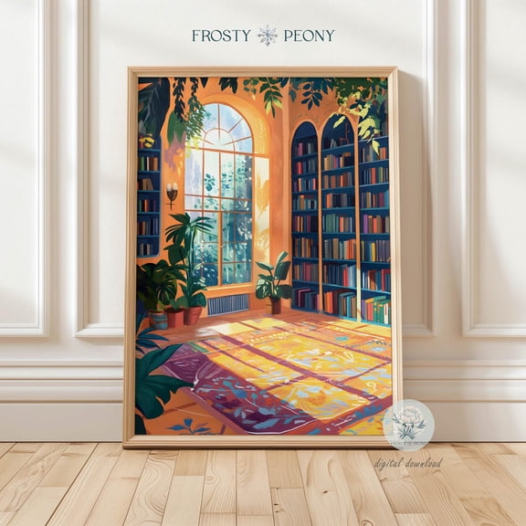 Serene Reading Corner Art Print, Cozy Bookshelves And Plants Art Print, Modern Literary Book Nook Art, Wall Art, Modern Wall Decor, 12x18 UNFRAMED