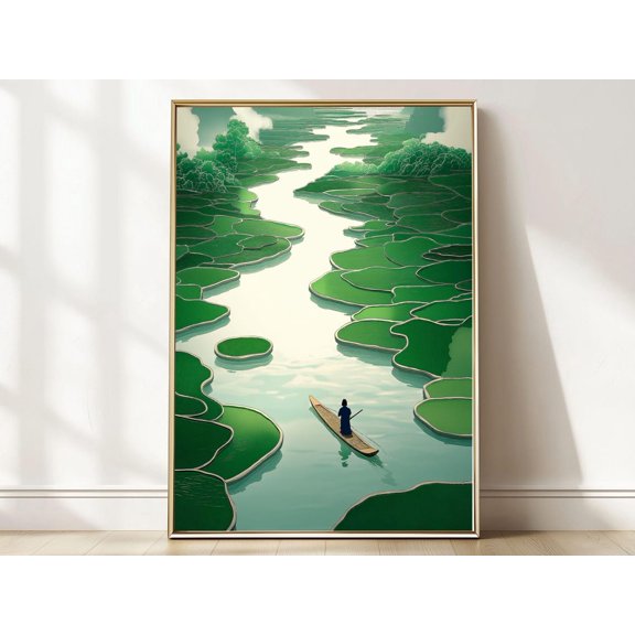 Serene Rice Field Landscape Print Japanese Zen Minimalist Wall Art, Unframed Paper Print