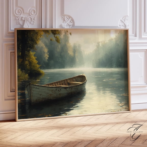 Serene River Boat Art Poster Vintage Landscape Poster Art Print Home Decor, Unframed Canvas Size 16x24 F03.1.21l713