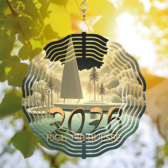 Serene Sailboat Design Metal Wind Spinner - Unique Circular Pattern for Yard & Garden - Perfect for Tranquil Outdoor Decor