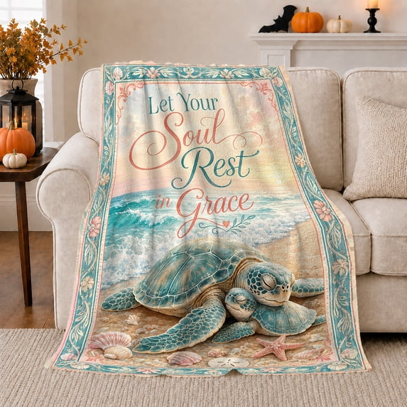 Serene Sea Turtle Beach Scene Inspirational Quote Coastal, Cozy Typography Art Scene, Warm Flannel Blanket for Living Room and Reading Nook, Art Lovers Encouragement Gift, Artistic Home Decor