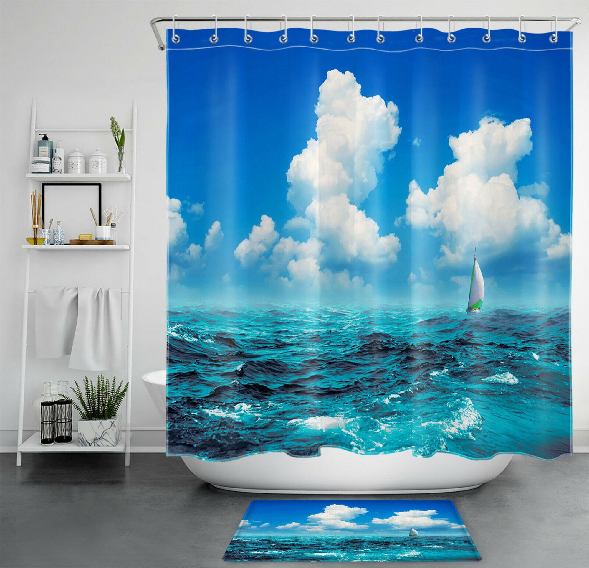 Serene Seascape: Blue Sky Sailboat Shower Curtain Set for Tranquil ...