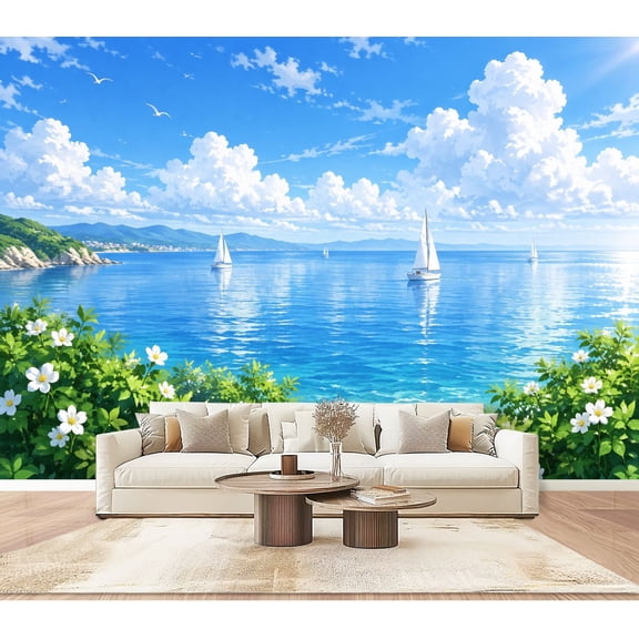 Serene Seascape Sailing Boats Wallpaper Blue Sky Sea Peel and Stick Wall Murals 100"H x 144"W Removable PVC Wall Paper Self-Adhesive Wall Decor for Bedroom Living Room