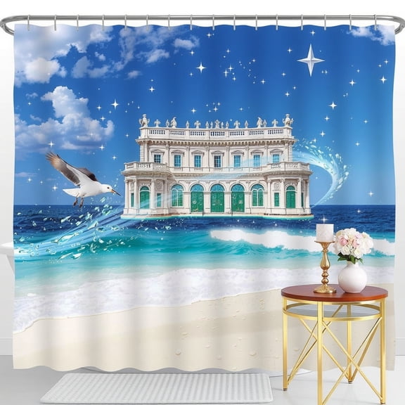 Serene Seascape Shower Curtain - Classical Building Pastel Waves Dreamy Sky Beach Vibes