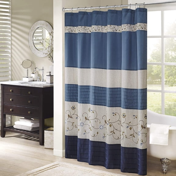 Serene Shower Curtain Faux Silk Embroidered Floral Machine Washable Modern Home Bathroom Decorations, Navy, 72x72