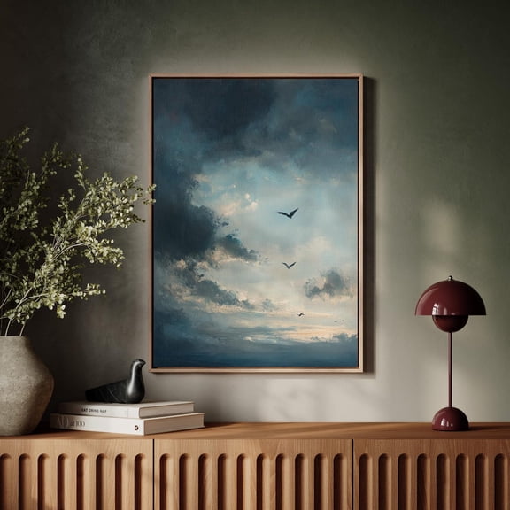 Serene Sky Art - Seagulls Soaring Through Moody Blue And Grey Clouds For Tranquil Coastal Wall Decor Wall Art, Modern Wall Decor, 12x18 UNFRAMED