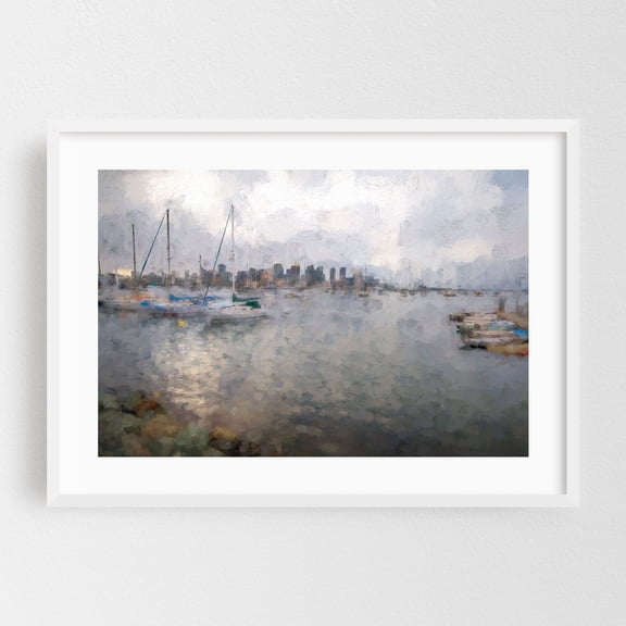 Serene Skyscraper Harbor - San Diego California Digital Art Harbor Cityscape Boat Skyline Water Scenic Modern Art White Framed Wall Art Print 5 x 7 inches