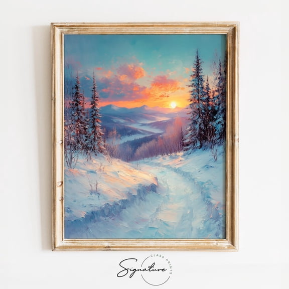 Serene Snow-Covered Trail with Sunset, Peaceful Winter Landscape Art, Cottagecore Wall Decor, Rustic Nature 2997 Unframed Paper Print