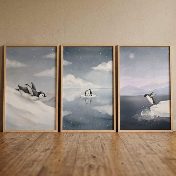 Serene Snowy Blue Penguin Wall Art Set of 3 Arctic nursery decor Winter watercolor illustration Polar animal prints Baby room decor Set 3