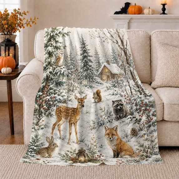 Serene Snowy Forest Scene Deer Fox Owl Wooden, Peaceful Bird Art Scene, Warm Flannel Blanket for Cabin and Lodge, Bird Lovers Housewarming Gift, Artistic Home Decor