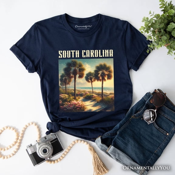 Serene South Carolina State Palmetto Beach Scene T-Shirt, Coastal Tee and Tropical Keepsake Souvenir
