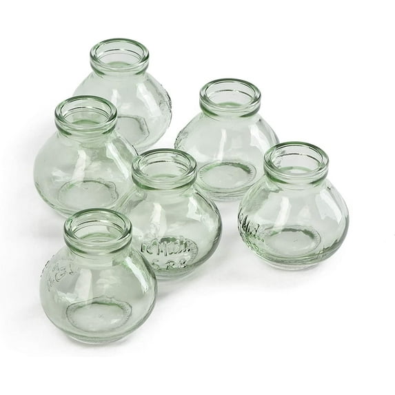 Serene Spaces Living 2.75" Mini Green Glass Le Midi Bell Bud Vase - Centerpiece for Wedding Reception, Mini Flower Vases for Home Decor, Vintage Bottle Style Vase, Pack of 6