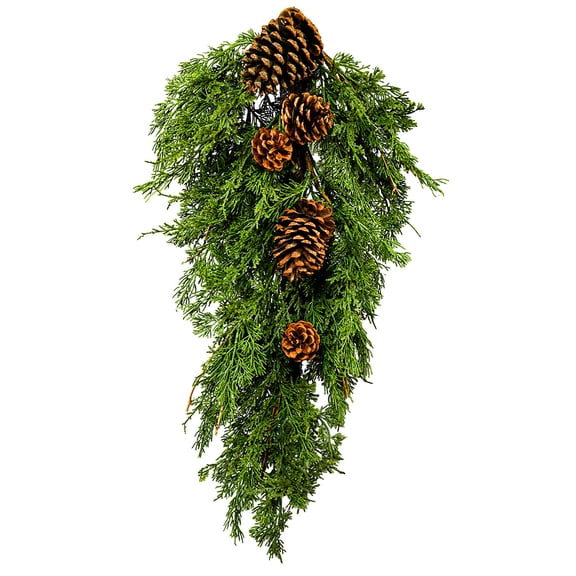 Serene Spaces Living 28" Faux Cypress Swag with Pine Cones - Teardrop Outdoor Wreaths for Front Door, Christmas Decoration for Window, Fireplace Mantel, Kitchen, Single