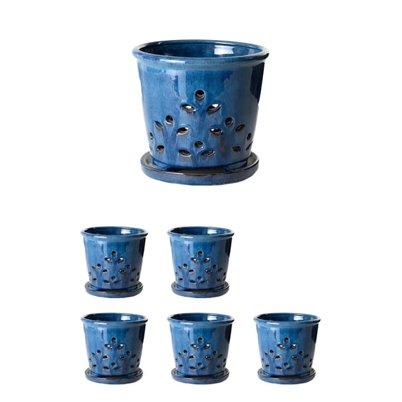 Serene Spaces Living 7" Blue Leaf Breeze Ceramic Planter, Pack of 6