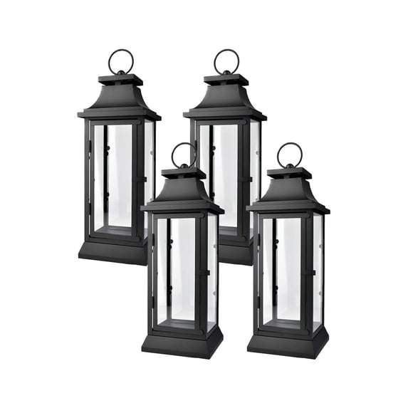 Serene Spaces Living Rustic Black Hurricane Lanterns with Clear Glass Panels, Indoor Centerpiece, Set of 4