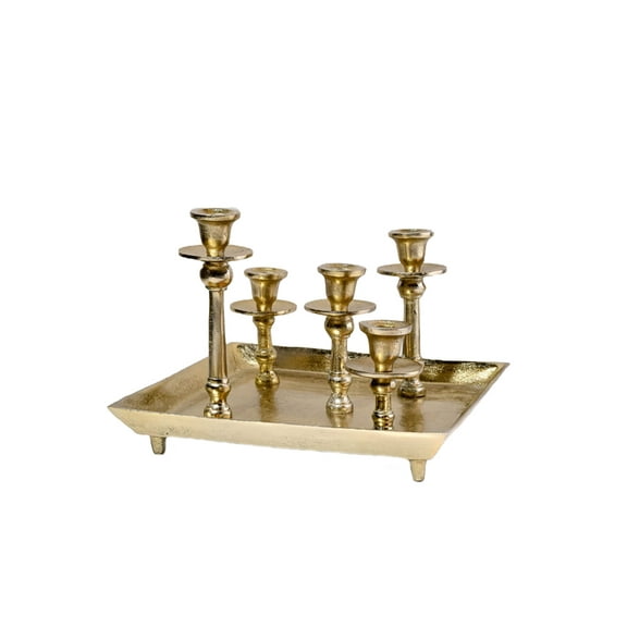 Serene Spaces Living Gold Candlesticks on a Tray, 12.75" Square & 9" Tall