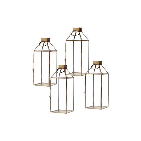Serene Spaces Living Gold Decorative Hurricane Lantern Candle Holder with Glass Panels, Set of 4, Large