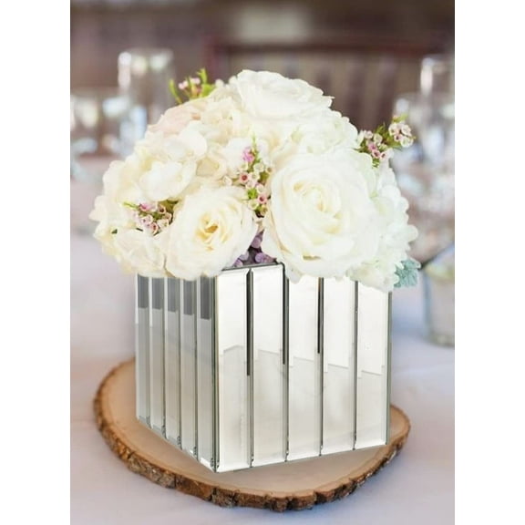 Serene Spaces Living Large Gatsby Mirror Strip Cube Vase – Art Deco Inspired Glass Vase with Mirror Finish, Measures 5.75” Cube