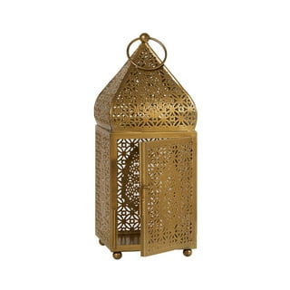 Lamplust Moroccan Lantern Decorative, 17 inch Large Lantern for Home Decor, Black and Gold Moroccan Decor, LED Fairy Lights Included, Star Candle