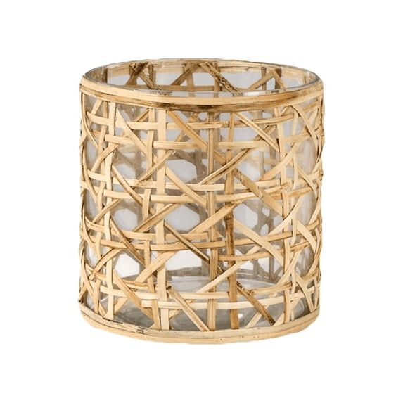 Serene Spaces Living Saigon Cane Wrapped Glass Hurricane Candle Holder, Candle Centerpieces for Tables, Wedding Reception Vases, For Living Room, Fireplace Mantel, Measures 4.75" Tall & 4.5" Diameter