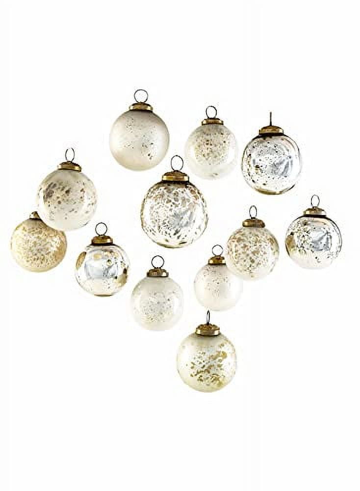 Set of 12 White and Silver Glass Ball Ornaments