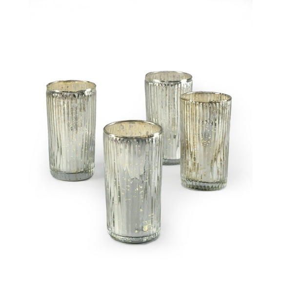 Serene Spaces Living Set of 24 Large Silver Ribbed Votive Candle Holders, Mercury Glass Finish, Ideal for Weddings, Events, Measures 5" Tall and 2.75" Diameter
