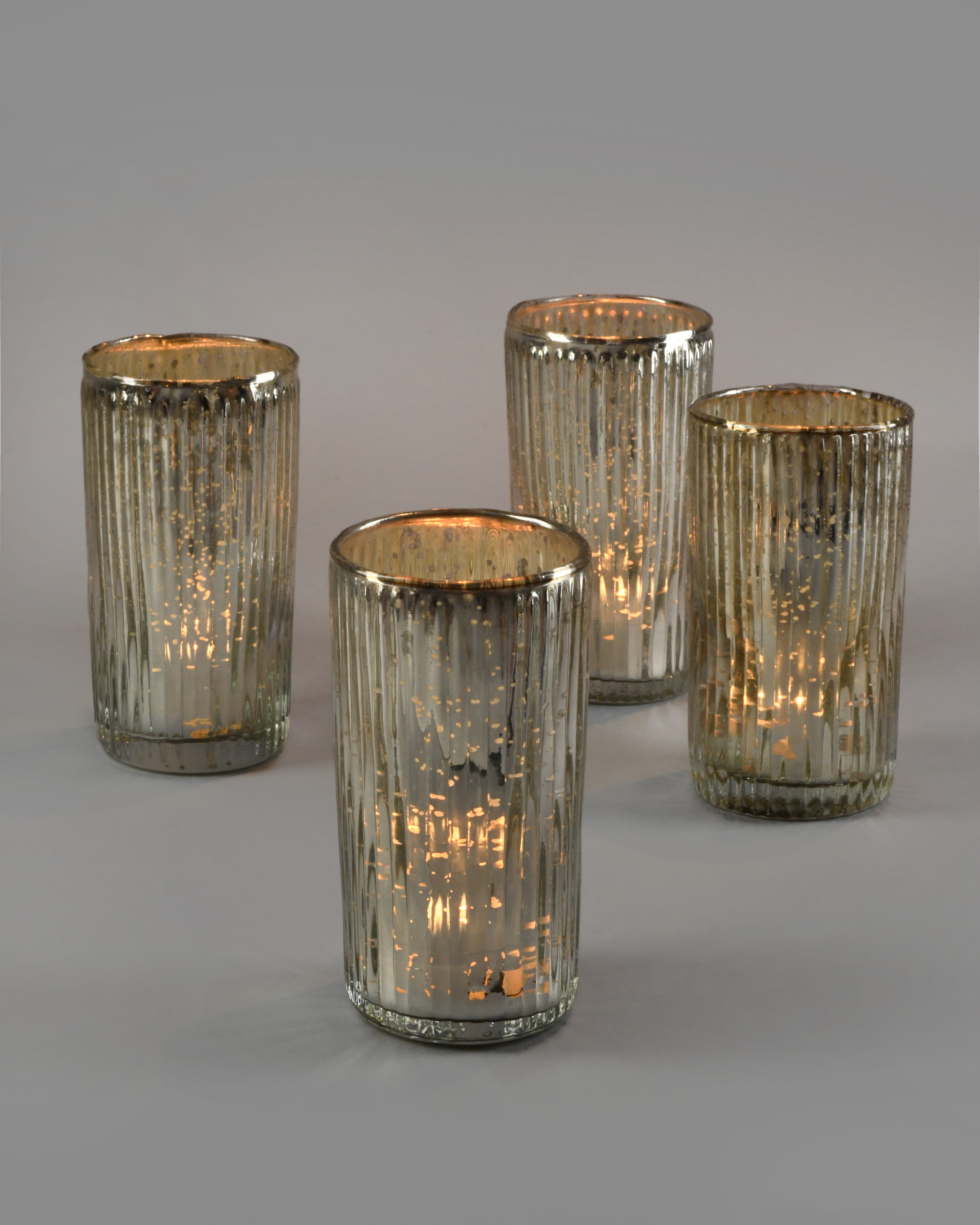 Tall Ribbed Silver Mercury Glass Votive Candle Holders, Set of 4