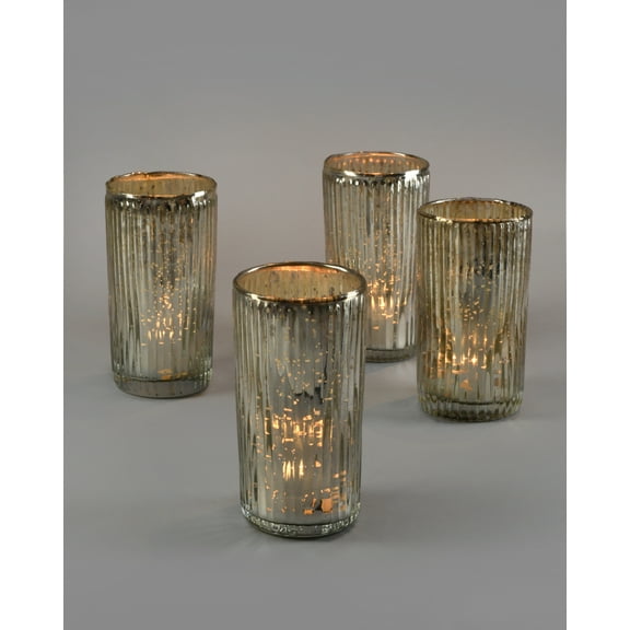 Serene Spaces Living Set of 4 Large Silver Ribbed Votive Candle Holders, Mercury Glass Finish, Ideal for Weddings, Events, Measures 5" Tall and 2.75" Diameter