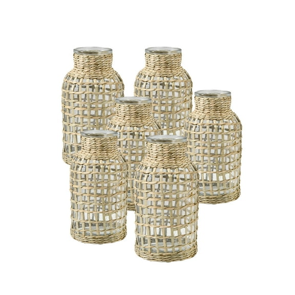 Serene Spaces Living Set of 12 Small Rattan Glass Vase, 4.5" Dia & 8" Tall