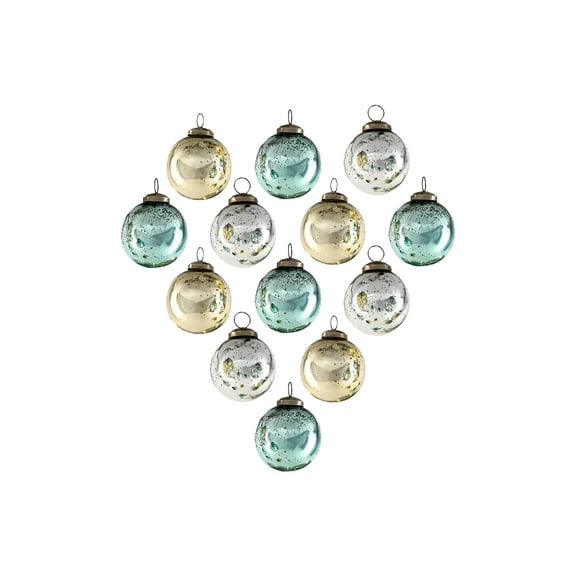 Serene Spaces Living Set of 12 Vintage Style Gold, Blue & Silver Glass Ball Ornaments for Christmas