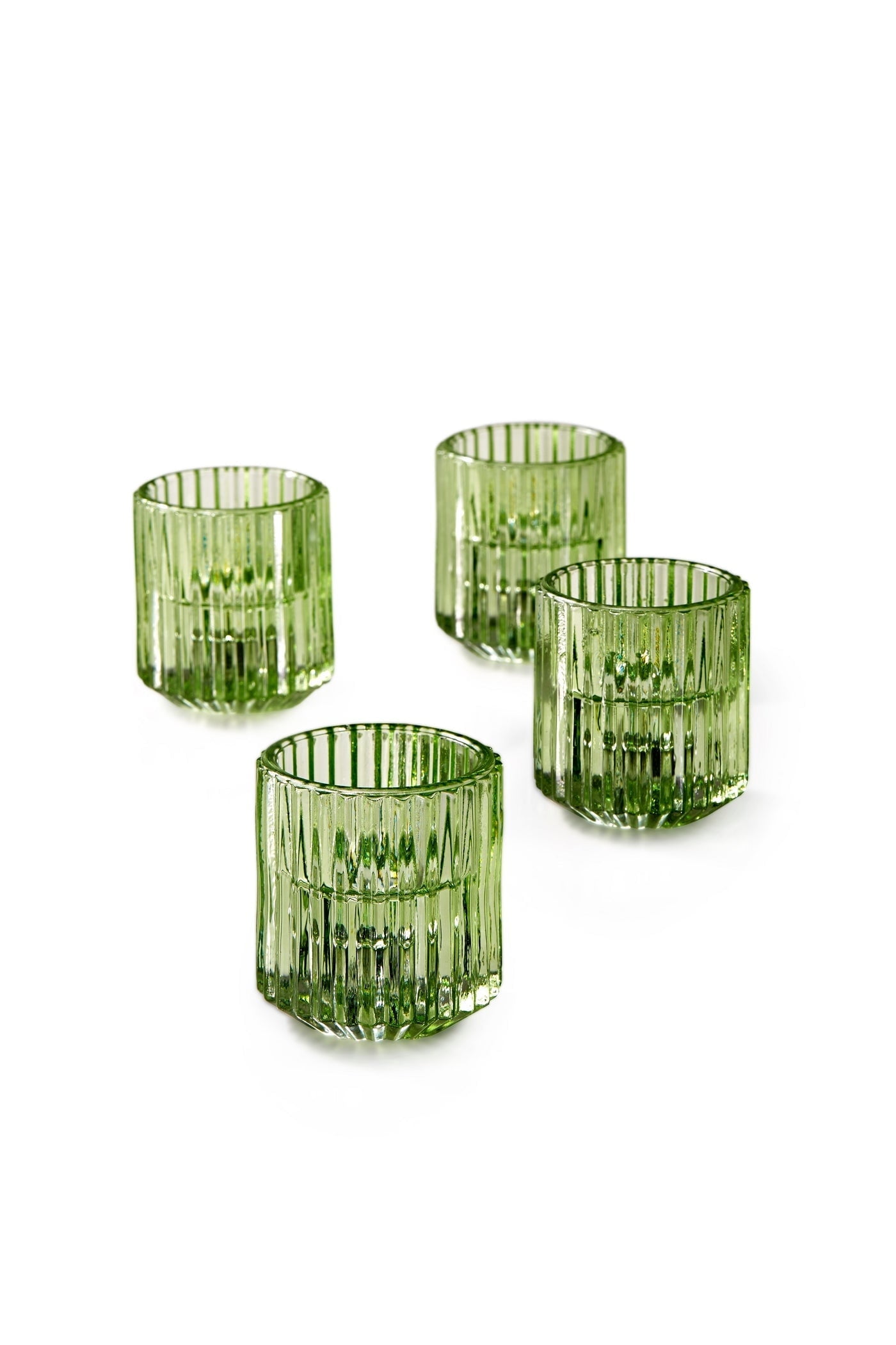 Set of 4 Green Ribbed Glass Tealight Holders for Weddings