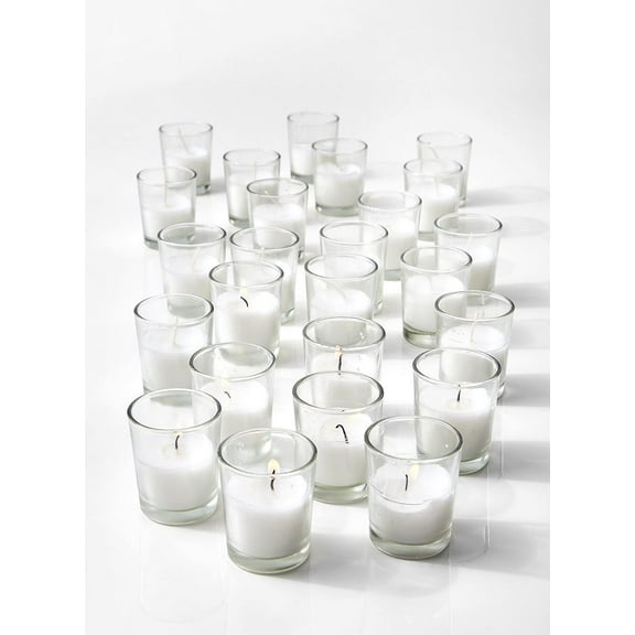 Serene Spaces Living White Unscented Votive Candles in Glass Holders, Elegant Candle Set for Weddings, Parties, Home, and Spa Decor, Pack of 100