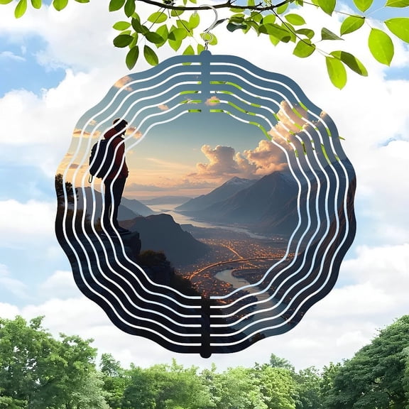 Serene Spiral Staircase Design Metal Wind Spinners & Chimes for Yard & Garden - Peaceful Nature Decor with Mountain & River Theme