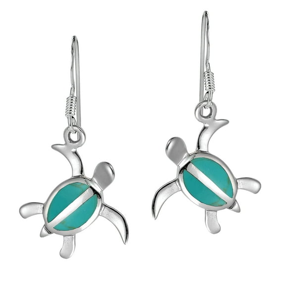 Serene Spirit Turtle Green Turquoise Inlay .925 Silver Dangle Earrings