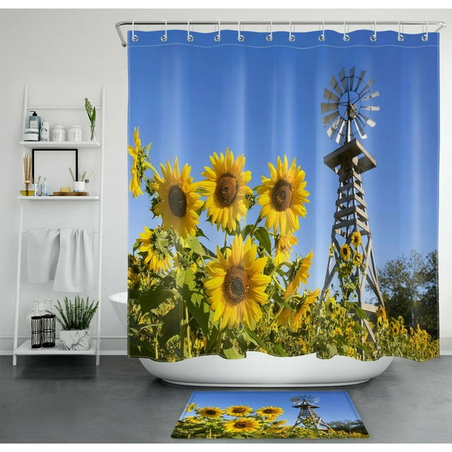 Serene Sunflower Bliss Rustic Farmhouse Shower Curtain with Blue Sky and Windmill Motifs