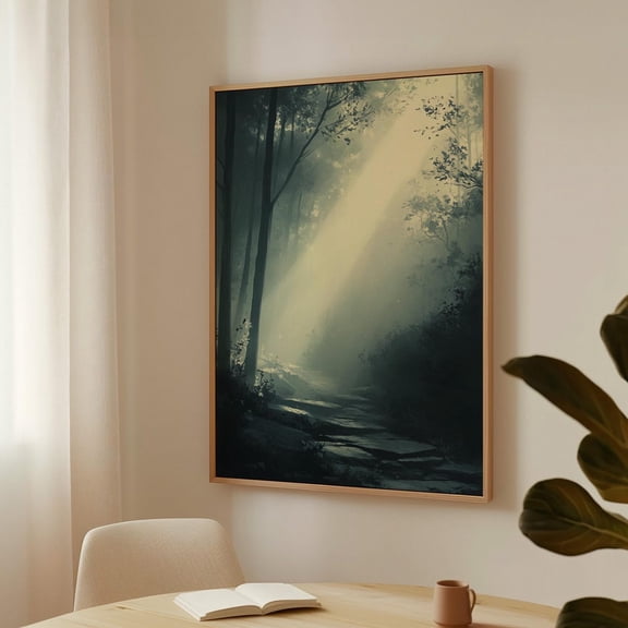 Serene Sunlit Forest Path - Ethereal Nature Wall Art, Misty Woodland Decor, Tranquil Light And Shadows Landscape Wall Art, Modern Wall Decor, 12x18 UNFRAMED