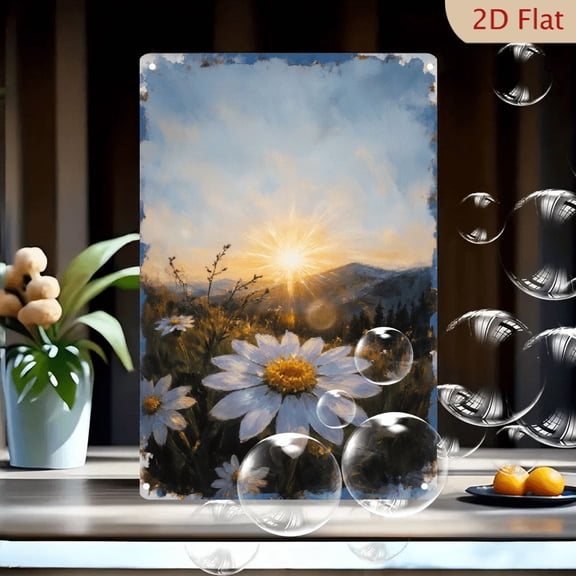 Serene Sunrise Daisies Landscape Wall Art, Vintage Impressionist Style 8x12in Metal Tin Sign, Floral Meadow with Rolling Hills & Sunburst for Home Decor