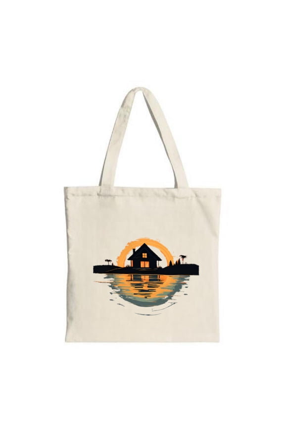 Serene Sunset House Reflection Tote Bag - Canvas Multifunctional Reusable Shopping Bag for Travel Parties & Everyday Use