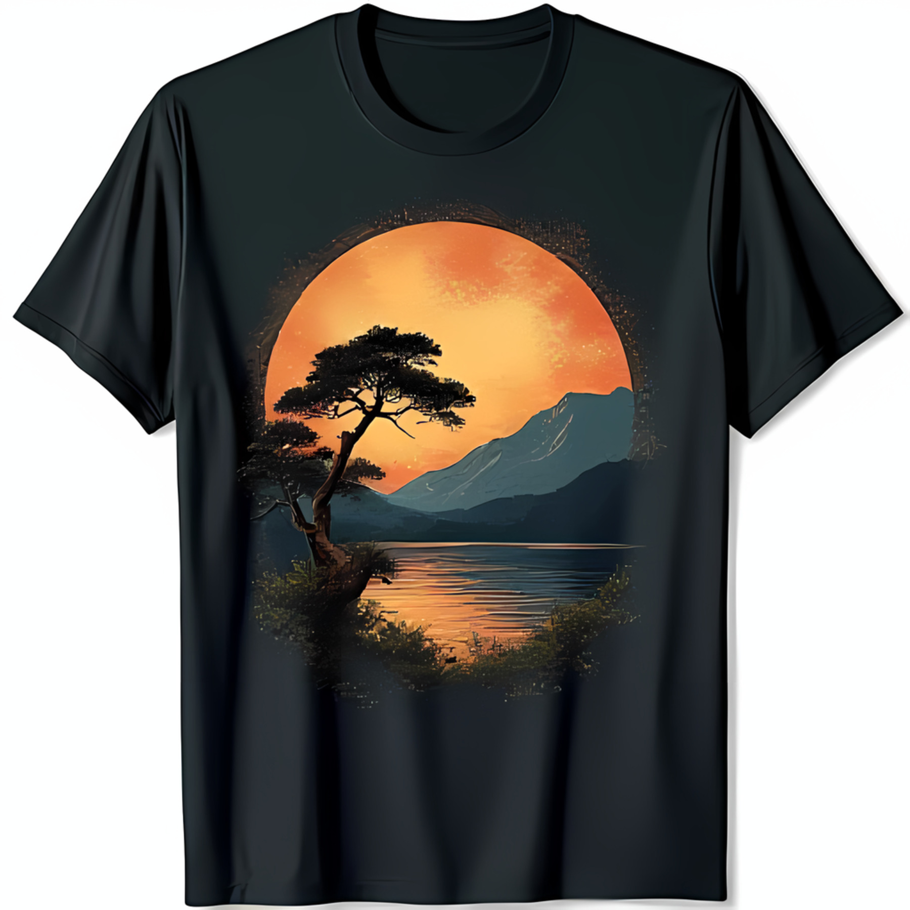 Serene Sunset Lake Scene Black TShirt with Lone Tree Design Soft